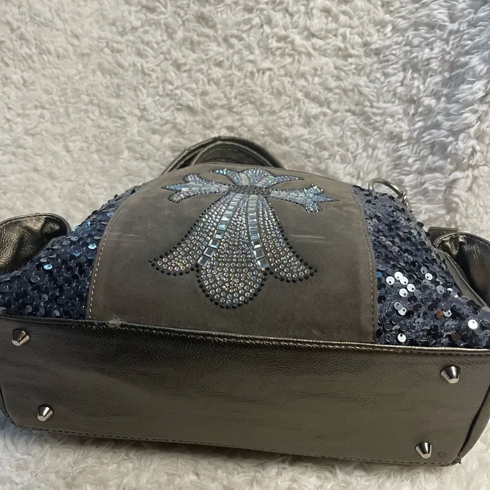 Stylish Blue &Silver Rhinestones cross embroidery & sequins metallic gray Bag